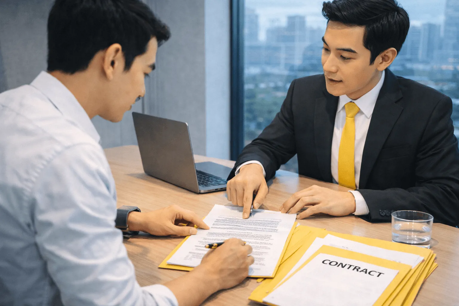 Profesional berkonsultasi dengan konsultan hukum cepat di kantor modern