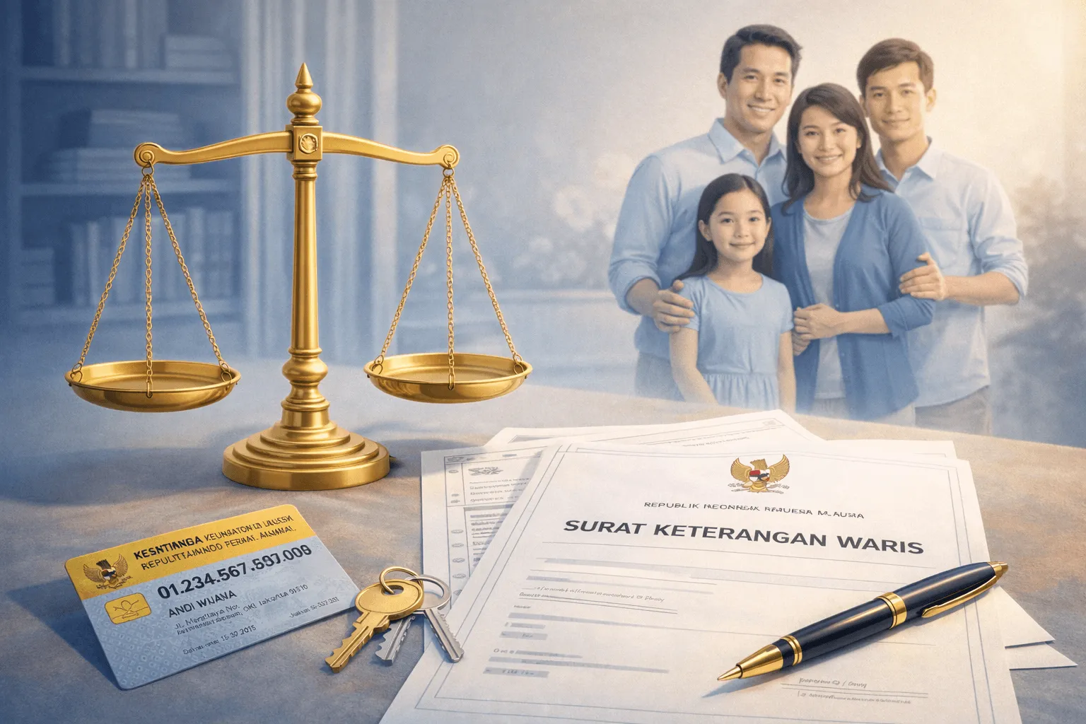 Ilustrasi pembagian waris legal dengan dokumen hukum dan keluarga