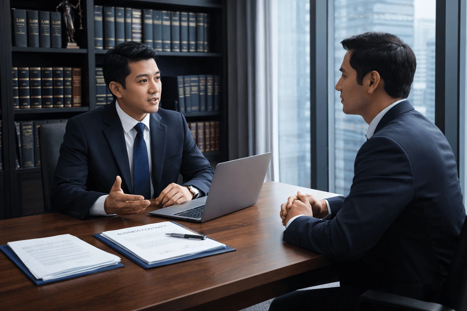 pengacara hukum bisnis sedang berdiskusi dengan klien korporasi di kantor profesional