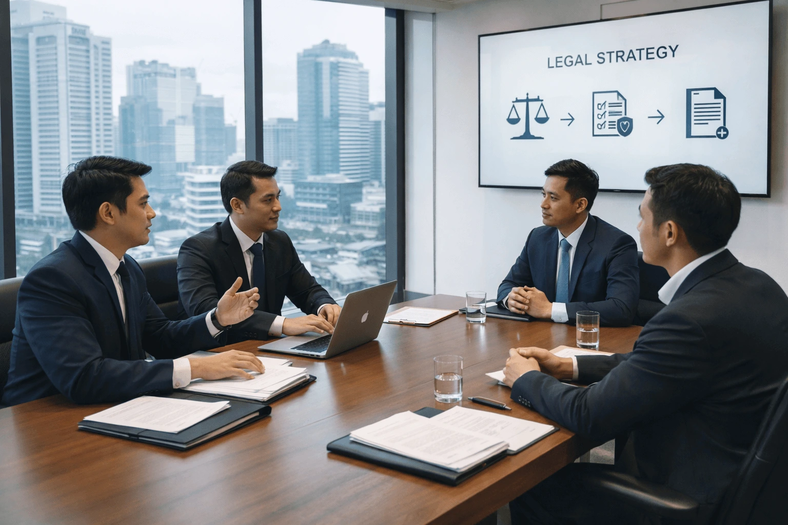 perusahaan hukum di jakarta sedang rapat dengan klien korporasi di kantor profesional
