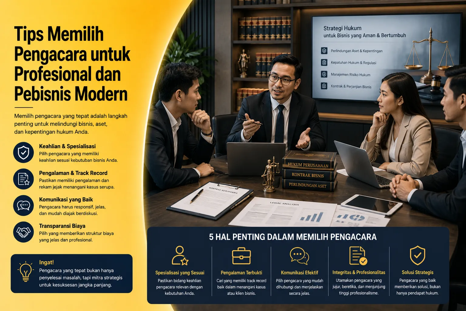Profesional berdiskusi tentang tips memilih pengacara terbaik