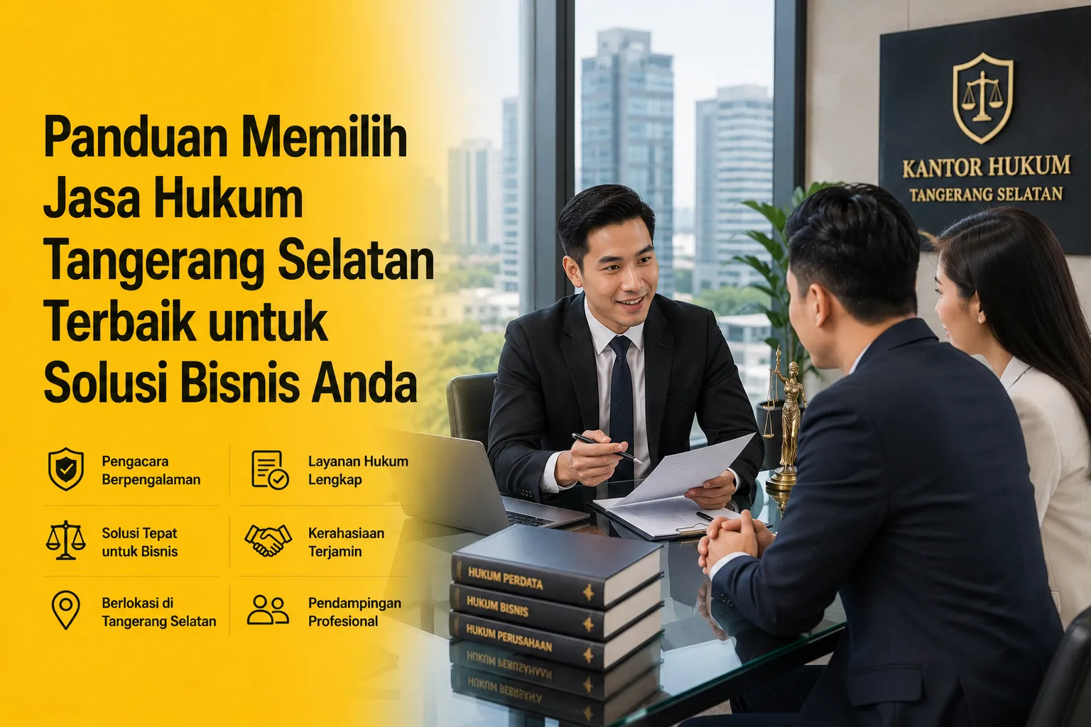 Dua eksekutif profesional sedang berdiskusi dengan pengacara jasa hukum Tangerang Selatan di kantor modern