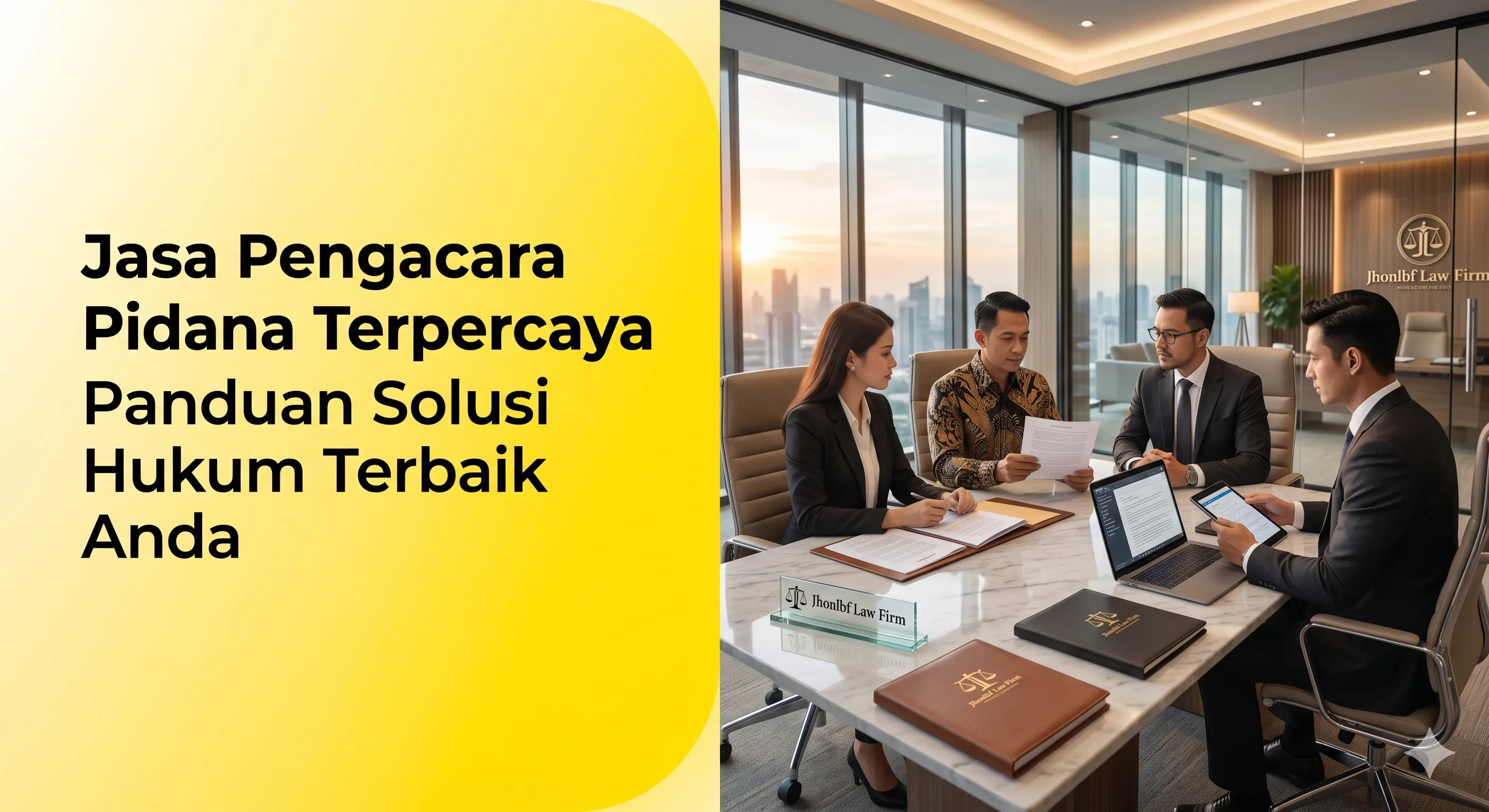 Konsultasi hukum profesional antara klien dan tim jasa pengacara pidana dari Jhonlbf Law Firm di ruang kantor modern.