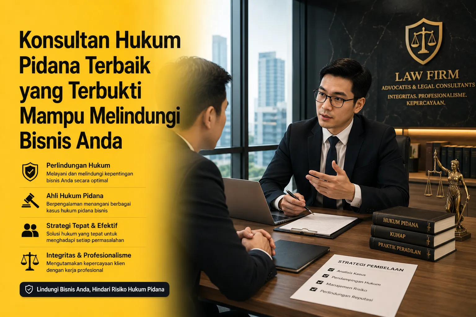 Konsultan hukum pidana profesional memberikan nasihat hukum kepada klien eksekutif di ruang rapat firma hukum modern.