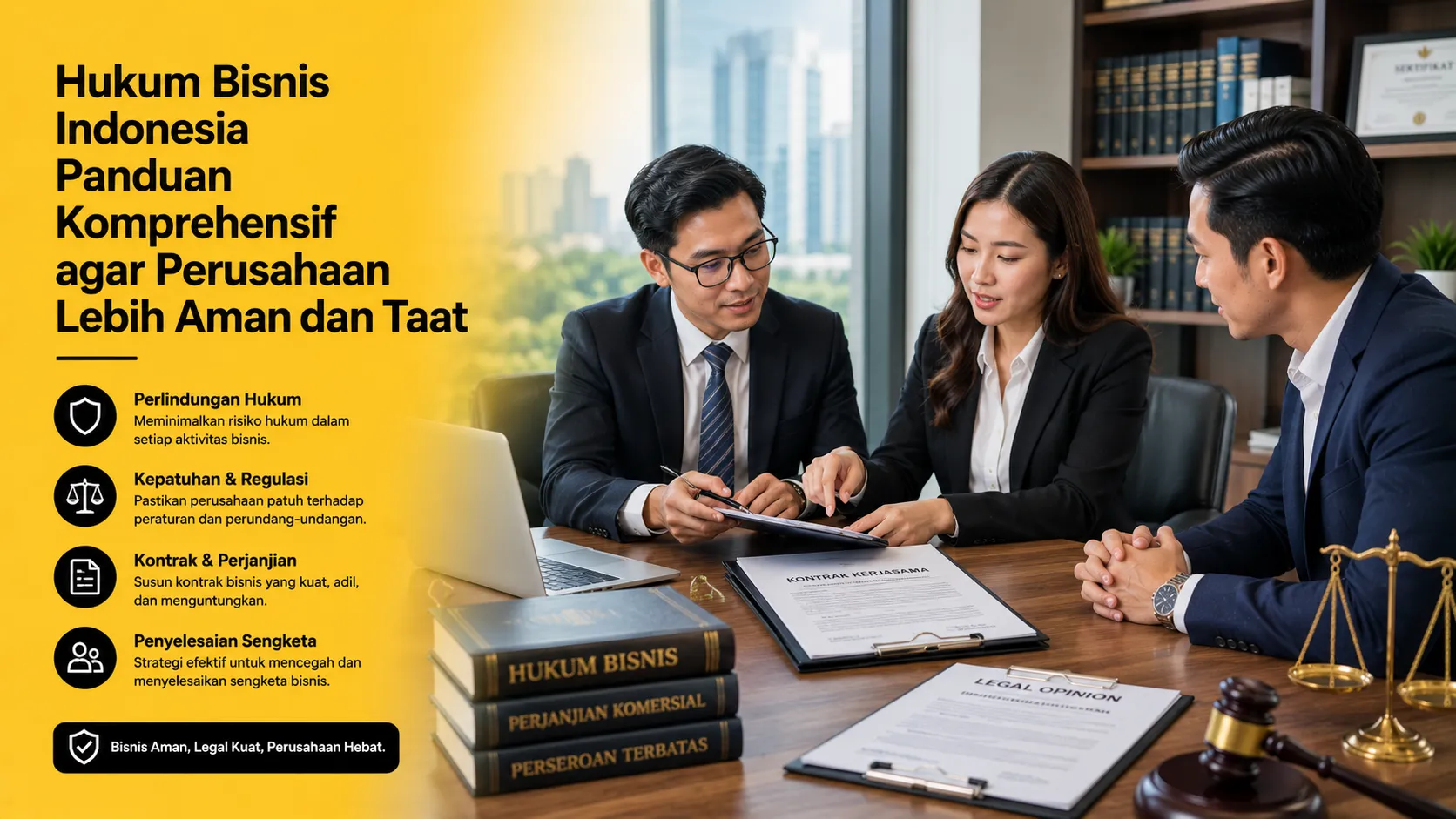 Pengacara dan profesional bisnis membahas Hukum Bisnis Indonesia dalam rapat perusahaan