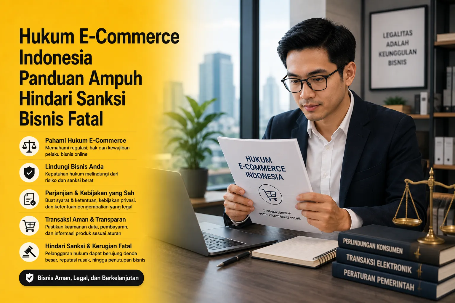 Profesional muda berkacamata membaca dokumen Hukum E-Commerce Indonesia di kantor modern