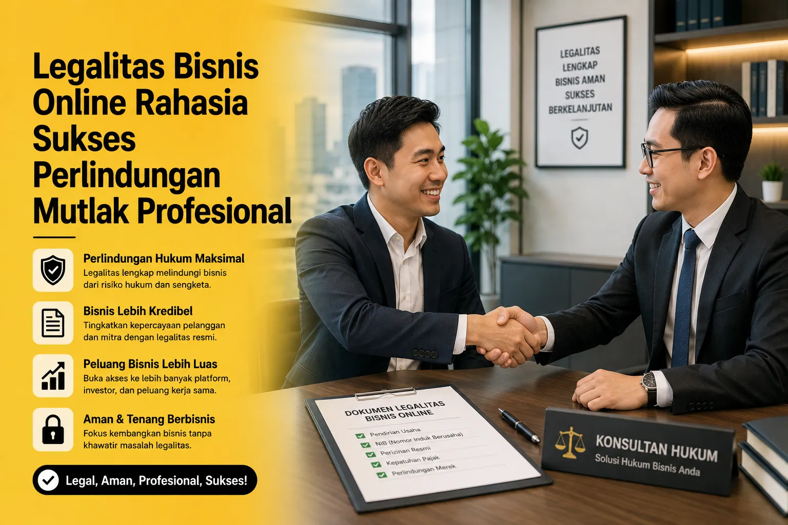 Fotografi profesional seorang pengusaha muda sukses sedang berjabat tangan dengan konsultan hukum setelah menandatangani dokumen legalitas bisnis online