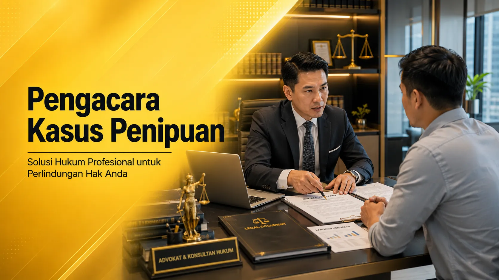 Pengacara Kasus Penipuan memberikan konsultasi hukum kepada klien di kantor hukum
